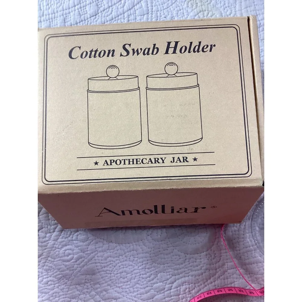 Amolliar Apothecary Glass Jar Set of 2* Lids*Labels For Cotton Balls & Swabs*NIB